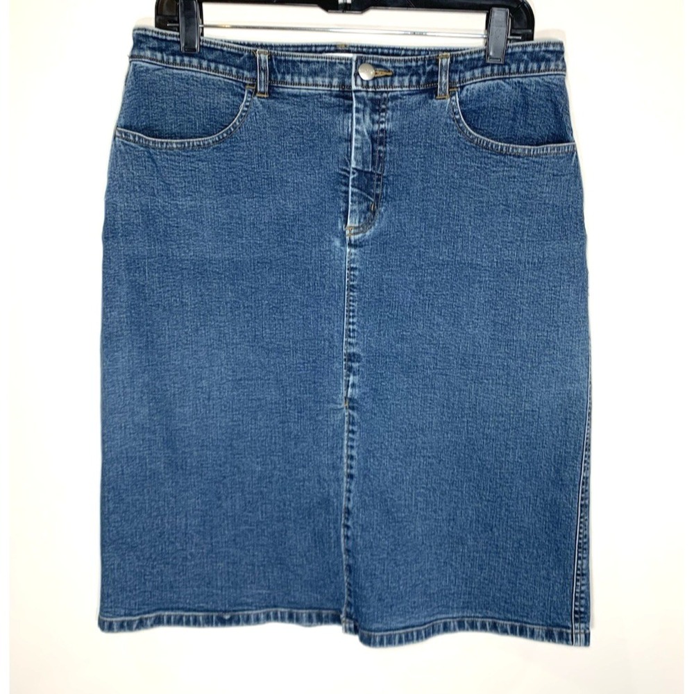 Halogen Denim Skirt Womens 12 Large Blue Jean Knee Length Stretch Pockets